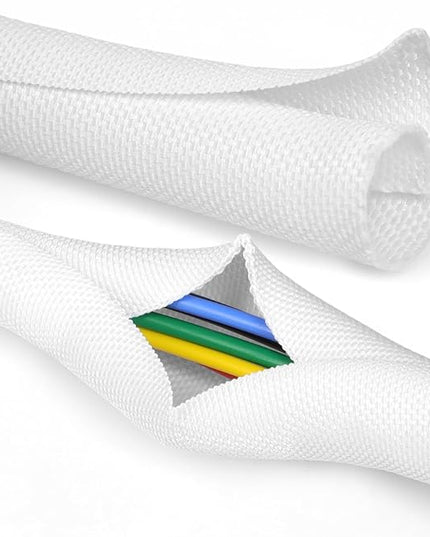 YOUBO Split Braided Cable Sleeve，Flexible Wire Loom Tubing, Automotive Cord Protector Pet Proof, Cable Management for Computer TV Electric Wires Harness 16ft (White, 8mm（5/16")