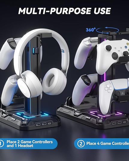 KDD Headset Stand with Charging Station - Detachable Controller Holder with 9 Light Modes - Rotatable Headphone Hanger with USB A&C Charger Ports - Earphone Hook for PC Gaming Accessories Storage