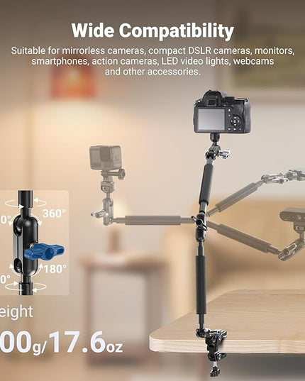 NEEWER 22" Magic Arm w Desk C Clamp, Overhead Camera Mount with Articulating Mic Boom Arm 1/4" 3/8" Threads for ARRI, Desktop Stand Holder for Phone Microphone Webcam Action Camera Video Light, UA057