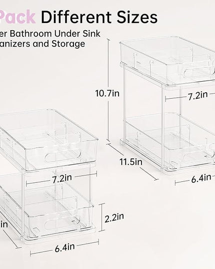 Delamu 2 Tier Snap-Lock Bathroom Under Sink Organizers and Storage, Multi-Purpose Cabinet Drawers with Movable Dividers, Pull Out Organization for Countertop, Kitchen and Pantry(Clear, 2 Pack)