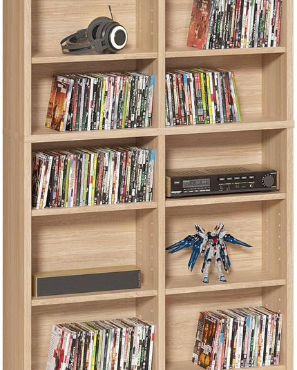 LELELINKY 7 Tier Tall Display Cabinet, Natural Media Storage Cabinet with Adjustable Shelves, Free Standing DVD Organizer Shelf, Floor multimedia storage manga bookshelf for Living Room & Home Office.