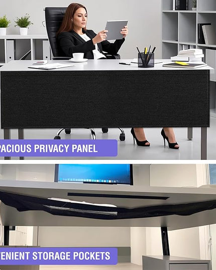 14.9 x 60 Inch Under Desk Privacy Panel with Table Cable Management Net Desk Skirt Modesty Desk Panel Self-Gripping Straps for Office and Home