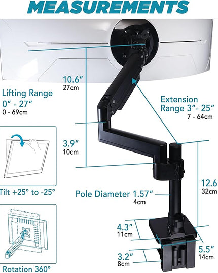 Heavy Duty Monitor Arm for Ultrawide Monitors up to 57" and 44 lbs, Single Desk Stand, Pneumatic Height Adjustable, Modular Extension Arms - Max VESA 100x100, Black, MA20P-S