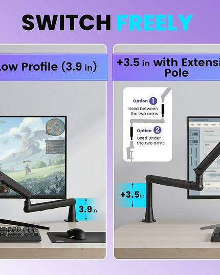 CAHAYA Mic Stand Boom Arm - Low Profile Adjustable Microphone Arm Stand with 3.5" Extension Pole Desk Clamp Screw Adapter for Streaming Gaming Compatible with Blue Yeti Shure SM58 SM48 Fifine K669B