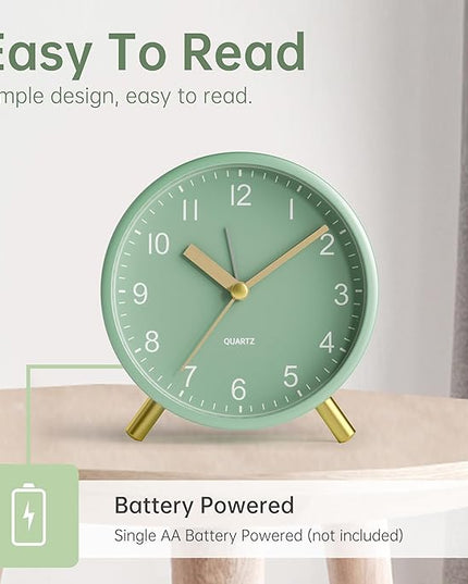 Analog Alarm Clock, 4 inch Super Silent Non Ticking Small Clock with Night Light, Battery Operated, Simple Design, easy setting for Office, Bedroom, Bedside, Desk, teens, elders, kids, adult, Green