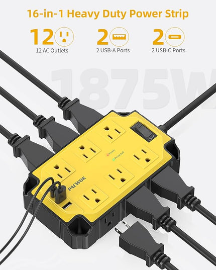 Heavy Duty Power Strip15 Amps/1200 Joules, 12 Outlets with 4 USB Ports (2 USB-C), Industrial Magnetic Surge Protector, 6.5 FT Extension Cord for Industrial Shop Garage (Yellow)