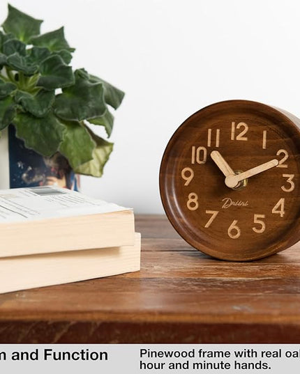 Driini Wooden Analog Desktop Clock – 4.3 in. Decorative Pinewood, No-Tick Design – Easy to Read Silent Sweep Mantle Clock – Quiet Tabletop Clocks with Wood Body, Hands, & Battery Cover; Dark