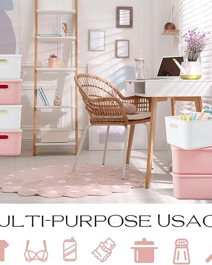 Hoolerry 8 Pieces Colorful Storage Bins with Lid, Plastic Storage Basket Organizing Container Stackable Box with Handle for Shelves Desktop Playroom Office(13.8 x 9.8 x 5.9 Inch,White and Pink)