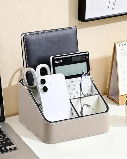 MEIBOOCH Remote Control Holder, PU Leather Small Desk Organizer with 4 Compartments, Nightstand Organizer Desk Caddy for Remote, Notepad, Phone, Glasses, and Accessories (Beige)