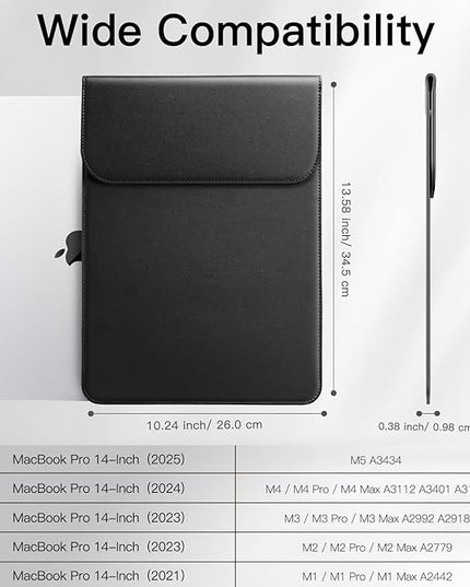 JETech Slim Laptop Sleeve for MacBook Pro 14-Inch(M5/M4/M3/M2/M1, 2021-2025), PU Leather Case with Magnetic Closure (Black)