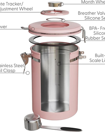 Veken Coffee Canister with Window, Airtight Stainless Steel Kitchen Food Storage Container with Lids, Date Tracker and Scoop for Grounds Coffee, Beans, Tea, Flour, Cereal, Sugar Jars, 22OZ, Pink