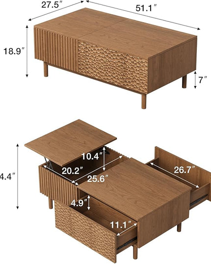 NessCarsti 51.1" Mid-Century Modern Lift Top Coffee Table, Walnut Rectangular Center Table with Hidden Storage, Drawers & Sturdy Wooden Legs, for Living Room, Apartment, Office