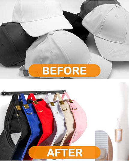 Hat Rack for Baseball Caps (2-Pack), Stainless Steel Hat Organizer for Baseball Caps, Multi-Purpose Hooks for Wall, Strong Adhesive/Wall Drilled (Black)