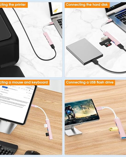 Mac USB C Adapter - Type C USB Adapter Hub with 4 Ports: 1 USB 3.0 + 3 USB 2.0, Ultra-Slim Aluminum Design, 5Gbps Transfer, Adapter for Mac USB C, Type C USB Hub (Pink)
