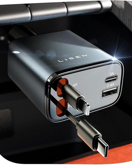 LISEN Retractable Car Charger, for Gifts for Him Her, 69W Cars Adapter USB C Fast Charger for iPhone 17-11, Car Accessories Gadgets for Men, Anniversary Birthday Gifts for Men Women, for Samsung