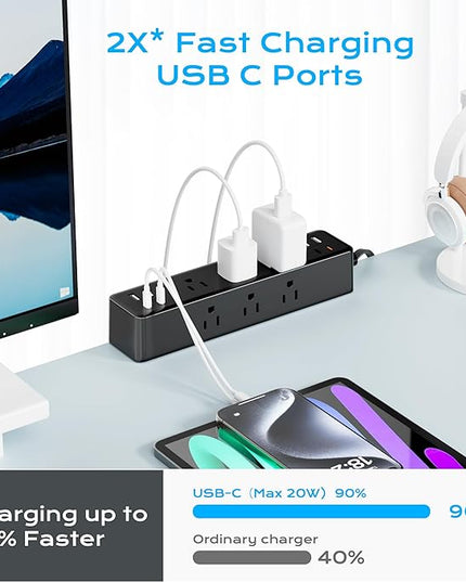 Flat Plug Desk Clamp Power Strip 10FT, 40W Total Fast Charging Station, Dual PD 20W USB C Ports, Desk Edge Mount Power Strip 9 AC Outlets 8 USB Ports(4 USB C) Surge Protector, Fit 1.7" Tabletop Edge