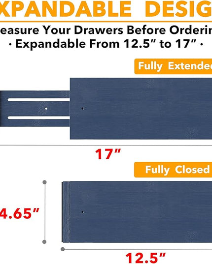 SpaceAid Bamboo 4 Pack Dresser Drawer Dividers, 4.65“ High Adjustable 12.5“-17” Drawer Organizers, Expandable Organization for Clothing, Clothes, Dressers, Navy Blue