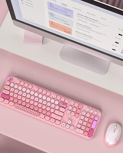 MOFII Wireless Keyboard and Mouse Combo, Full Size 2.4G Plug and Play Typewriter Retro Round Computer Keyboard and Mouse Set for Windows, Computer, Desktop, PC, Notebook - (Pink Colorful)
