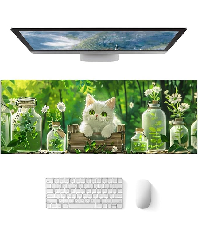 Cat XL Mouse Pad 31.5 x 11.8 Inch Gaming Mousepad Diatomite Large Keyboard Mouse Pad for Home and Office Desk Accessories with White Cat Garden Scene