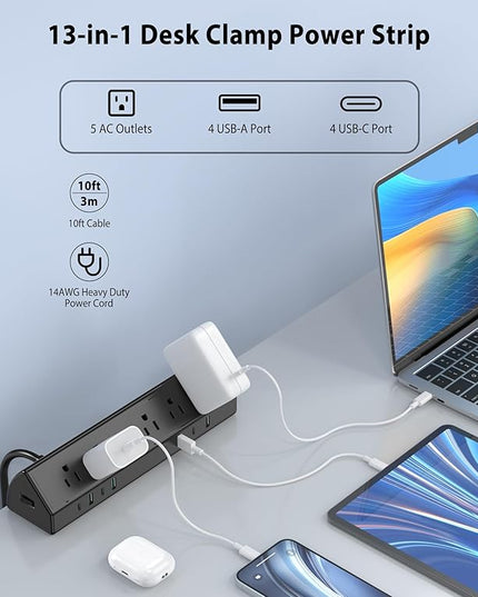 45W Fast Charging Station,Desk Clamp Power Strip,4 PD USB-C Ports,5 AC Outlets,Surge Protector Power Strip, 14AWG Heavy Duty Cord, Fits 1.9" Tabletop Edge (Black, 10 FT Cable)
