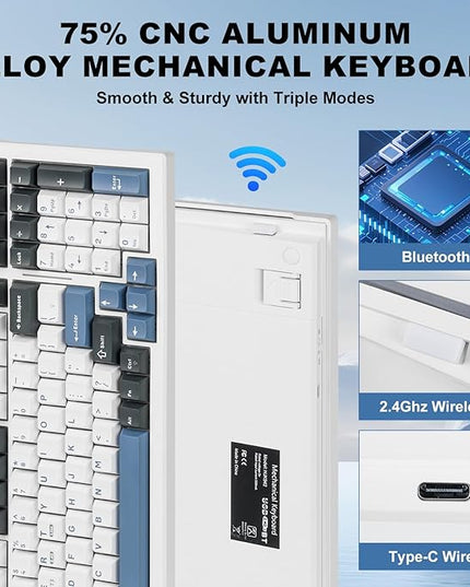 Wireless Mechanical Keyboard BT5.0/2.4GHz/USB, Multi-Color LED with 18+ Modes, Hot-Swappable Custom Keyboard, Red Creamy Switches, Gaming Keyboard for PC/Mac (Blue White)