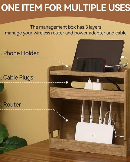 KIRIGEN WiFi Router Storage Box, Wooden Wireless Router Organizer Rack Shelf Power Cord Socket Storage Shelf Cable Management and Organizing Box for Office and Home Dark Brown LYQ-DBR