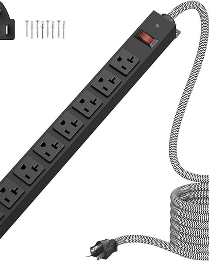 HEZI 20 Amp Power Strip Surge Protector 1200J, Metal 8 Outlets Heavy Duty 20amp, 15Ft 12 Gauge Extension Cord for Appliance Workbench Garage Industrial, Combine with T-Plug Adapter,5-20R T-Slot