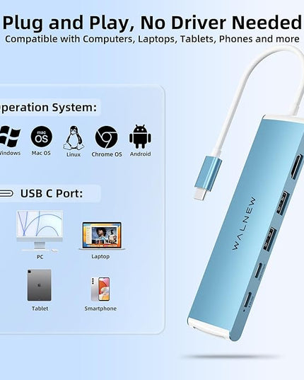 WALNEW 7 in 1 USB-C Hub with 4K HDMI,100W PD,5Gbps Data Port(1 Type-C & 2 USB 3.0),SD/TF Reader, Thunderbolt 4 Dock Multiport Adapter for MacBook Pro Air,Mac,iPad 10/Mini 6,Surface (Blue)