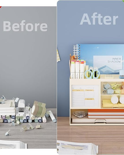Marbrasse Desk Organizer with 3 Drawer, Multi-Functional Pencil Pen Holder for Desk, Desktop Organizer Storage for Office Home Art Supplies (Beige)