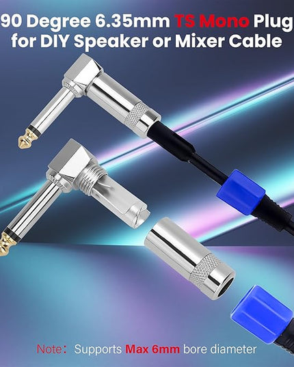 Togconn Right Angle 6.35mm 1/4 Inch TS Mono Plug 2 Pack, 90 Degree 1/4" Solder Type DIY Audio Cable Adapter Connector, Metal Housing for Guitar/Speaker/Microphone Audio Cable Repair Replacement