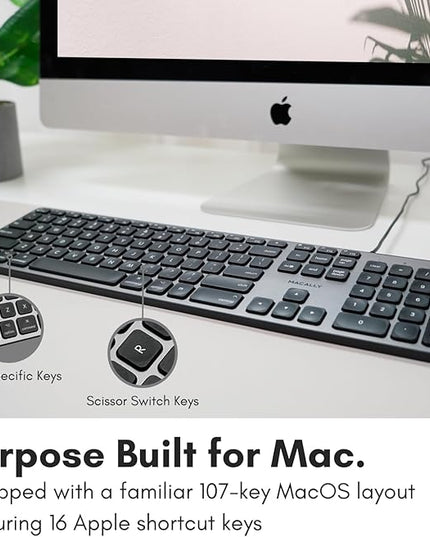 Macally Backlit Mac Keyboard - Quiet, Sleek, and Functional - 3 Brightness Levels, 107 Keys, 5ft USB Wired - Apple Keyboard - Backlit Wired for Mac, iMac, MacBook Pro/Air - Space Gray