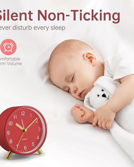 Analog Alarm Clock, 4 inch Super Silent Non Ticking Small Clock with Night Light, Battery Operated, Simple Design, easy setting for Office, Bedroom, Bedside, Desk, teens, elders, kids, adult, Red