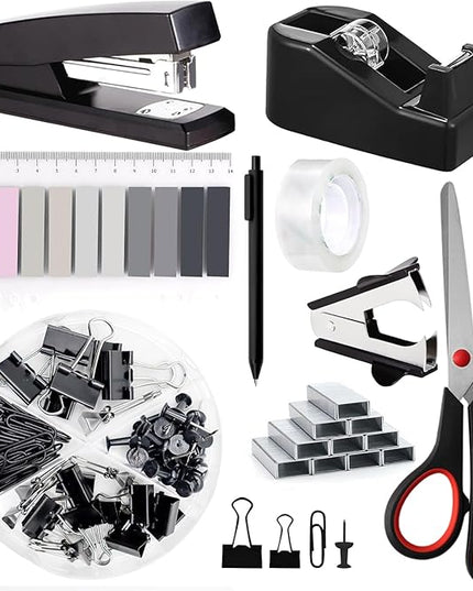 Office Supplies,Desk Accessories, Stapler and Tape Dispenser Set for Women with Stapler, Tape Dispenser, Staple Remover, Staples, Clips, Scissor and Tabs,Gift for Students, Coworkers
