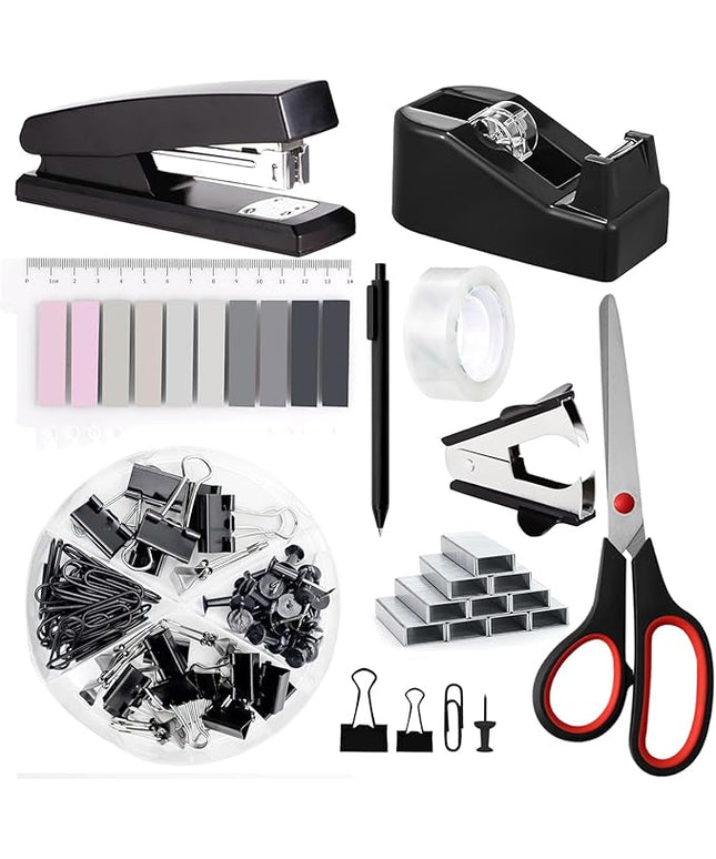 Office Supplies,Desk Accessories, Stapler and Tape Dispenser Set for Women with Stapler, Tape Dispenser, Staple Remover, Staples, Clips, Scissor and Tabs,Gift for Students, Coworkers
