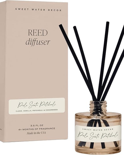 Sweet Water Decor Palo Santo Patchouli Reed Diffuser – Room Decor Aesthetic with Long-Lasting Premium Fragrance of Clove, Nutmeg, Cedarwood for 4 Months – Ideal for Aromatherapy and Home Decor