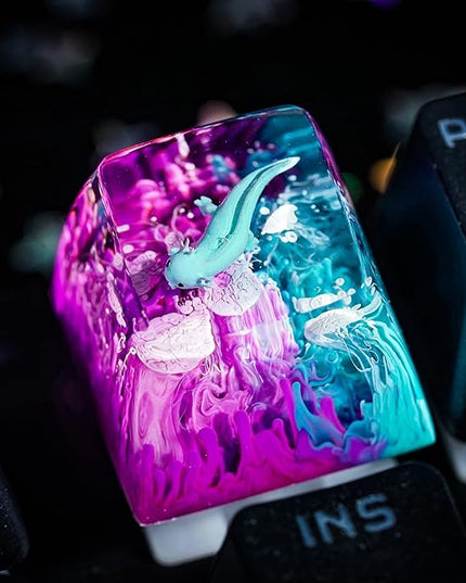 Blue Axolotl Artisan Keycap with Purple and Blue Ocean R1 SA Profile Custom Animal Axolotl Keycap 1U ESC Handmade Resin Compatible with Cherry MX Mechanical Keyboard for Axolotl Lover