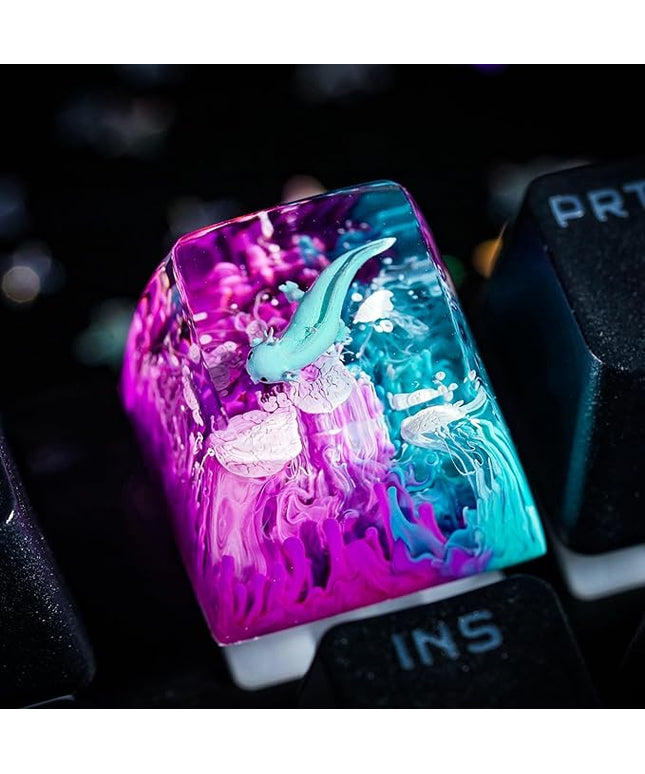 Blue Axolotl Artisan Keycap with Purple and Blue Ocean R1 SA Profile Custom Animal Axolotl Keycap 1U ESC Handmade Resin Compatible with Cherry MX Mechanical Keyboard for Axolotl Lover
