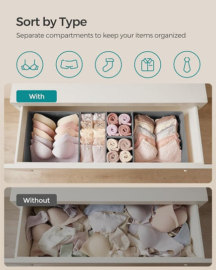 SONGMICS Drawer Organizers, Dresser Divider Organizers, Set of 18, Foldable Fabric Storage Boxes for Socks, Underwear, Bras, Ties, Scarves, Dove Gray URDZ006G05