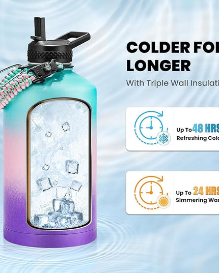 One Gallon Water Bottle Insulated, Triple Walled Vacuum Stainless Steel (Cold for 48 Hrs), Leak Proof & Non-BPA, Large Water Flask Jug with Paracord Handle & Straw Spout Lids