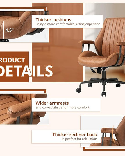 Ergonomic Office Chair 330LBS, Reclining Swivel Mid Back Desk Chair with Adjustable Height, Thickened Cushions, Comfy Executive Armchair for Home Office