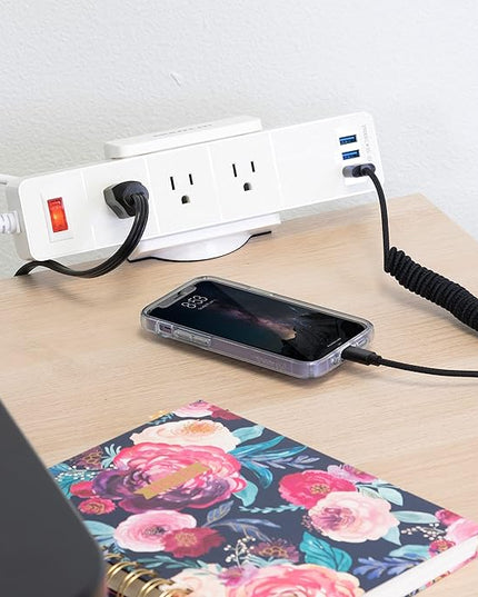 Mount-It! Power Strip Holder Clamp Desk Mount with Included Surge Protector | White Desktop Power Outlet with 3 USB Ports and 3 AC Power Outlets | Adjustable Power Strip Clamp Mount
