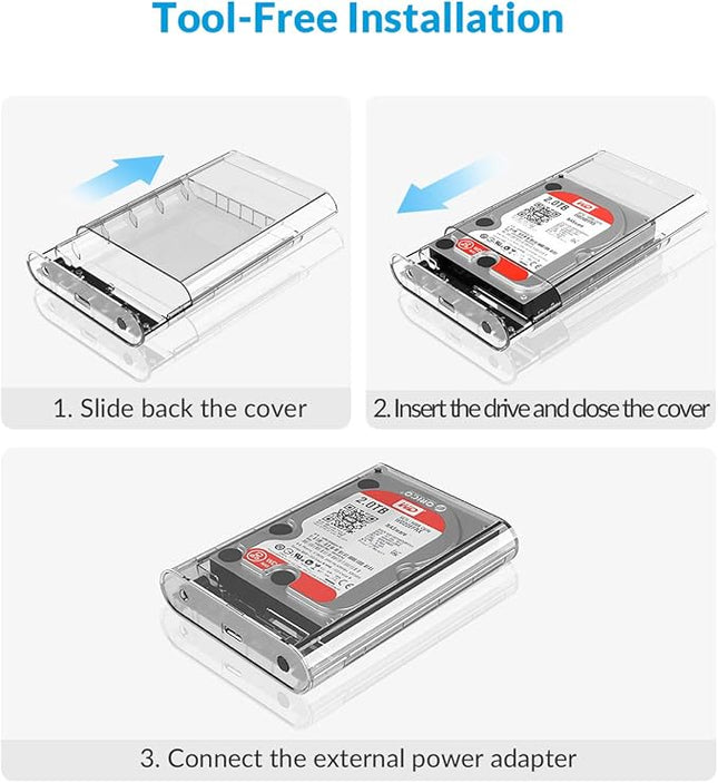 ORICO 3.5 Inch External Hard Drive Enclosure USB 3.0 to SATA 3.0 Enclosure with 12 V Adapter, Tool-Free Assembly, UASP Acceleration, Supports 16TB Max (Transparent 3139U3)