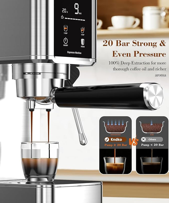 Kndko 20Bar Craft Coffee Machine with Milk Frother, Upgraded 1350W Expresso Coffee Machines with Touchscreen, Stainless Steel Espresso Machine Small for Home - Cappuccino Latte & Americano