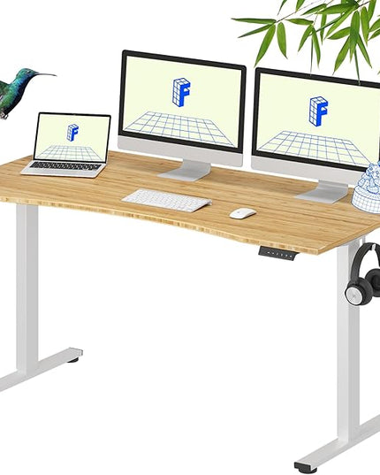 FLEXISPOT EN1 Bamboo Standing Desk, 60 x 30 Inches Whole-Piece Electric Adjustable Height Sit Stand Desk for Home Office (White Frame + Bamboo Curved Desktop, 2 Packages)