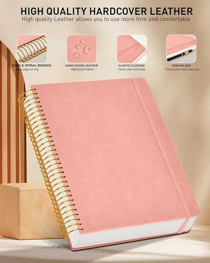 B5 Spiral Notebook Journal 7.6” x 10”, 300 Numbered Pages Hardcover Leather Journals for Women Men, Large Lined College Ruled Notebooks, 100GSM Thick Paper, Spiral Bound Journal for Work School, Pink