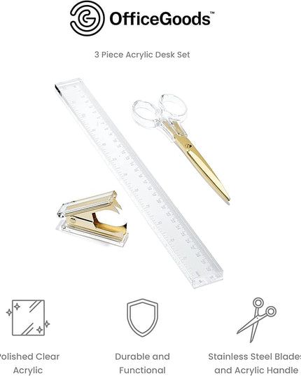 OfficeGoods 3 Piece Acrylic Desk Set - Includes Ruler, Staple Remover, Scissors - Functional & Elegant Desk Accessories - Stationary Tools for Home, Office, and School - Gold