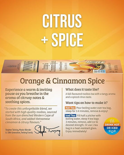 Twinings Orange & Cinnamon Spice Herbal Tea Individually Wrapped Bags, 20 Count (Pack of 1), Naturally Caffeine-Free, Enjoy Hot or Iced, 20 Teabags