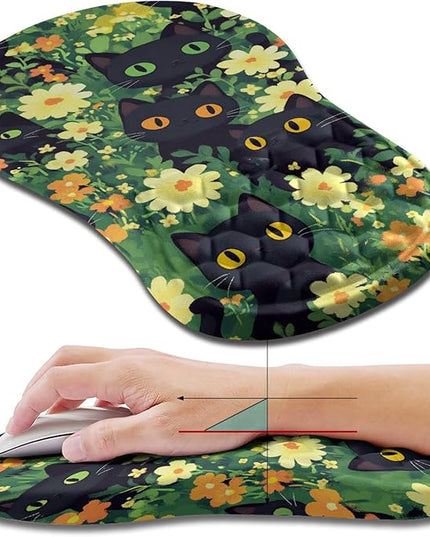 Hokafenle Ergonomic Mouse Pad Wrist Support, Wrist Rest Mousepad for Carpal Tunnel Pain Relief with Integrated Memory Foam Slope Massage Bulge (11.8x7.9 inch,Cute Cat