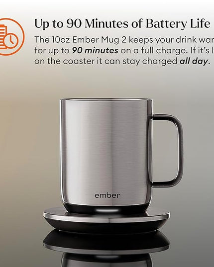 Ember Temperature Control Smart Mug 2, 10 Oz, App-Controlled Heated Coffee Mug with 80 Min Battery Life and Improved Design, Stainless Steel