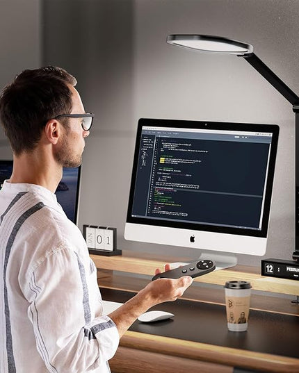 Led Desk Lamps for Home Office, Eye-Care Architect Light with Clamp, Dimmable Zoom Lighting with 3 Color Modes & 10 Brightness, Smart Computer Ring Light for Video Calls, Conference, Reading